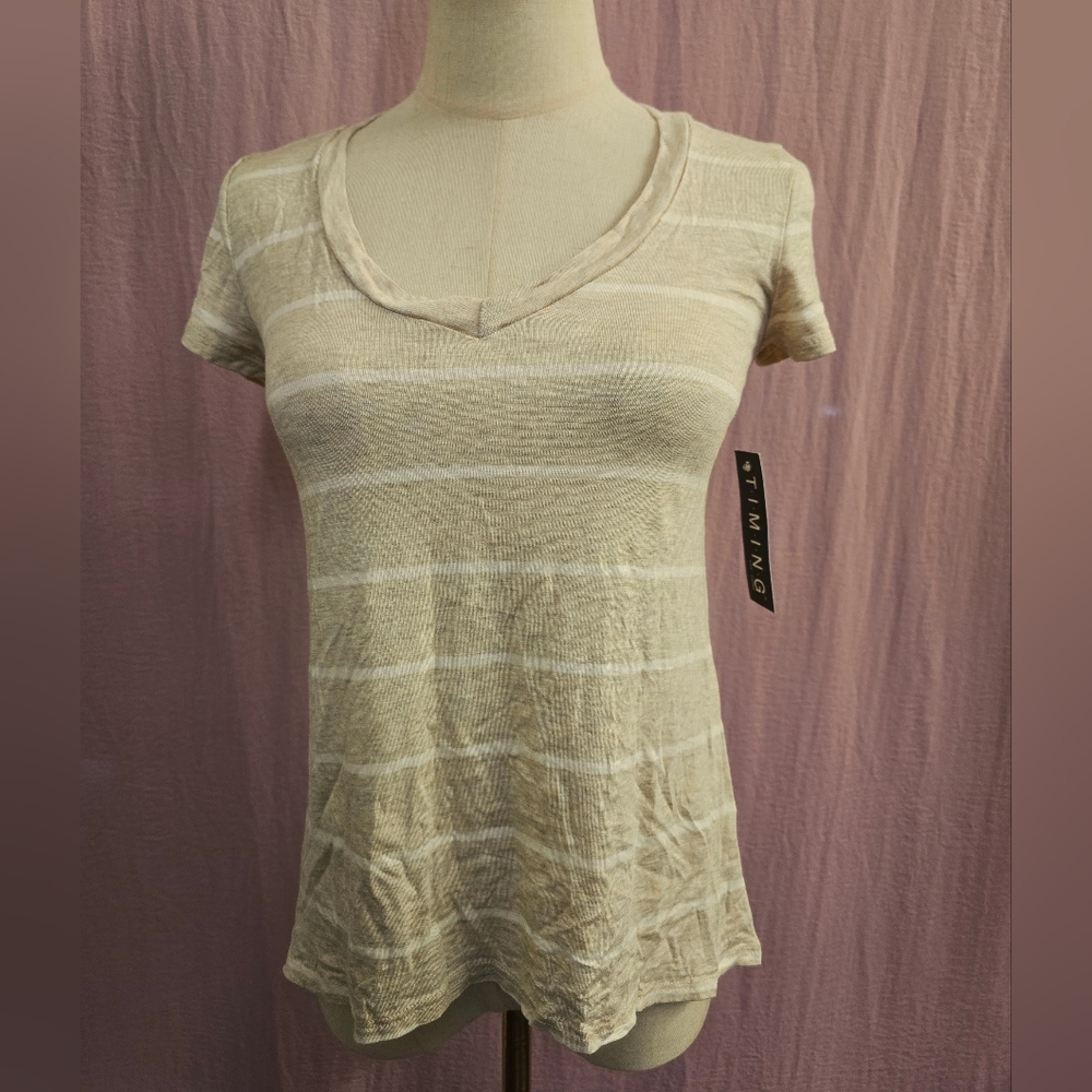 Timing Women's Casual Stripe V-Neck Short Sleeve T-Shirt, Beige/White Stripe